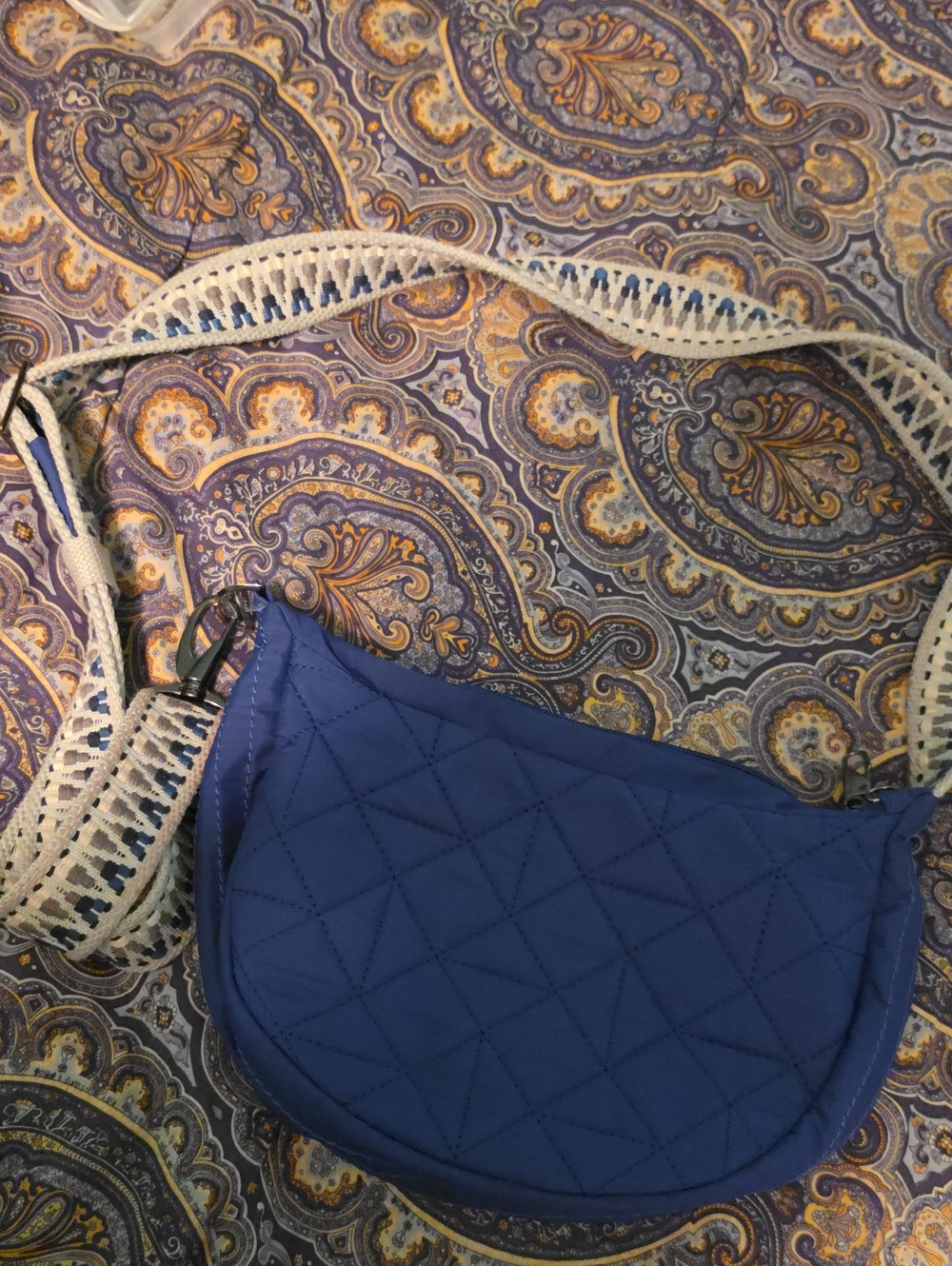 Travelon Quilted Blue Crossbody with Woven Cream Strap